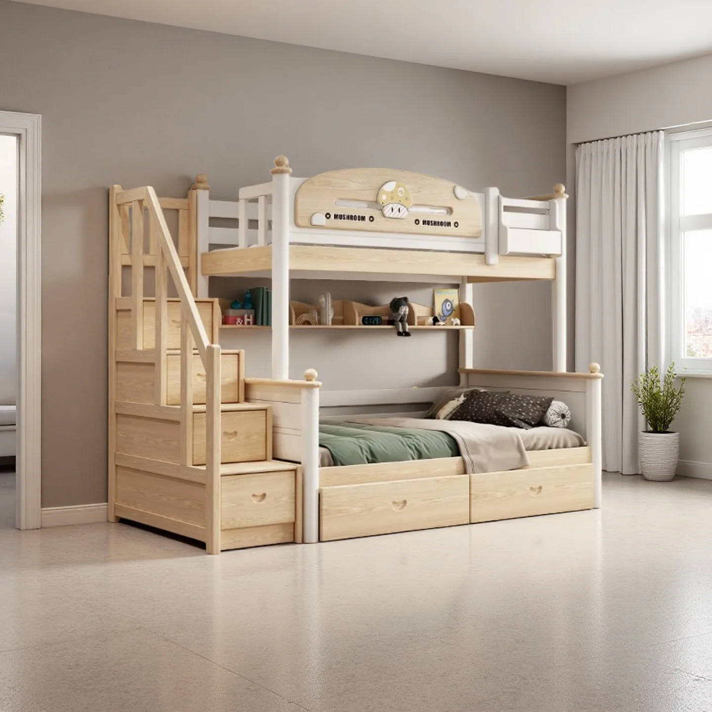Solid Wood Bunk Bed for Kids, Multifunctional High and Low Bed for Small Apartment, Mother and Child Bed