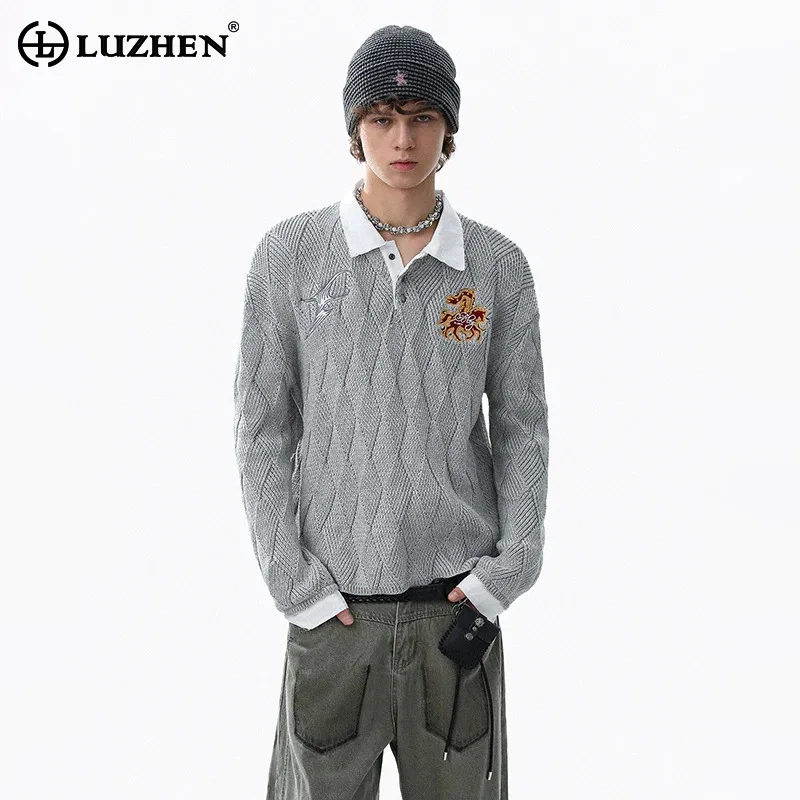 

LUZHEN 2025 зимний оригинальный нишевый искусственный вязаный пуловер из двух предметов, мужской стильный элегантный мужской свитер с вышивкой логотипа JY5180
