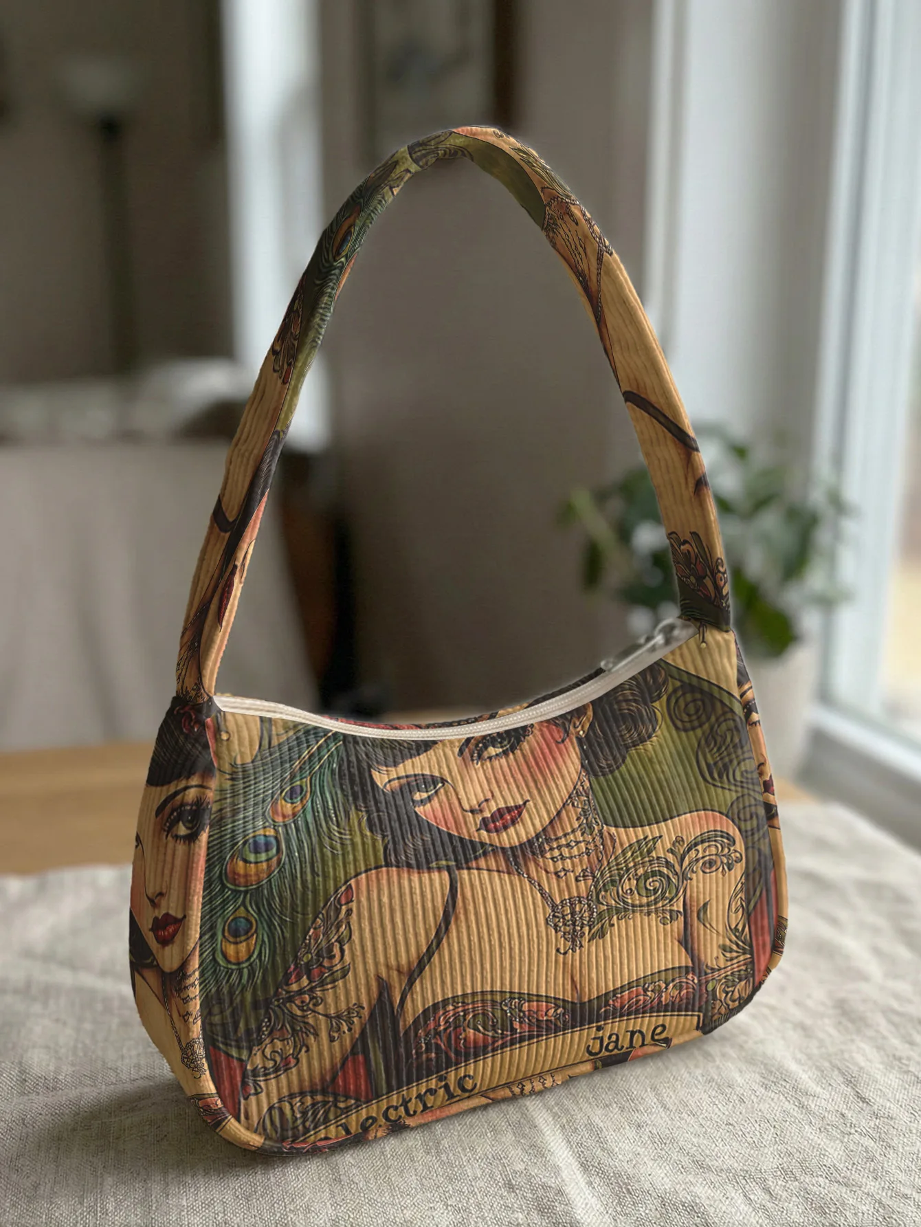 Trendy Vintage Pin-up Girl Print Shoulder Bag, Corduroy Underarm Bag for Daily Casual Use