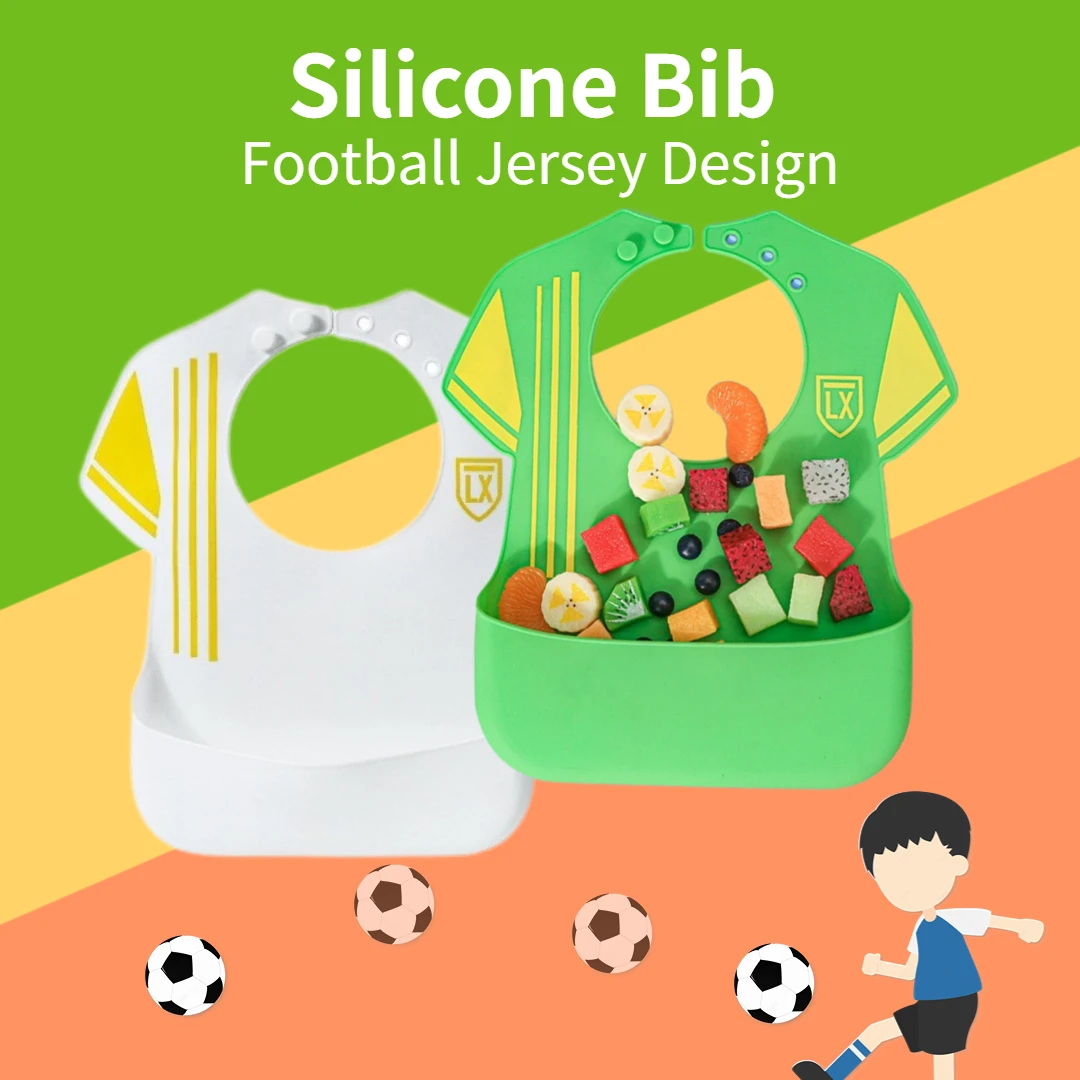 baby silicone bib, baby bib, waterproof, oil-proof, soft, 3-speed adjustment, football uniform, basketball uniform design