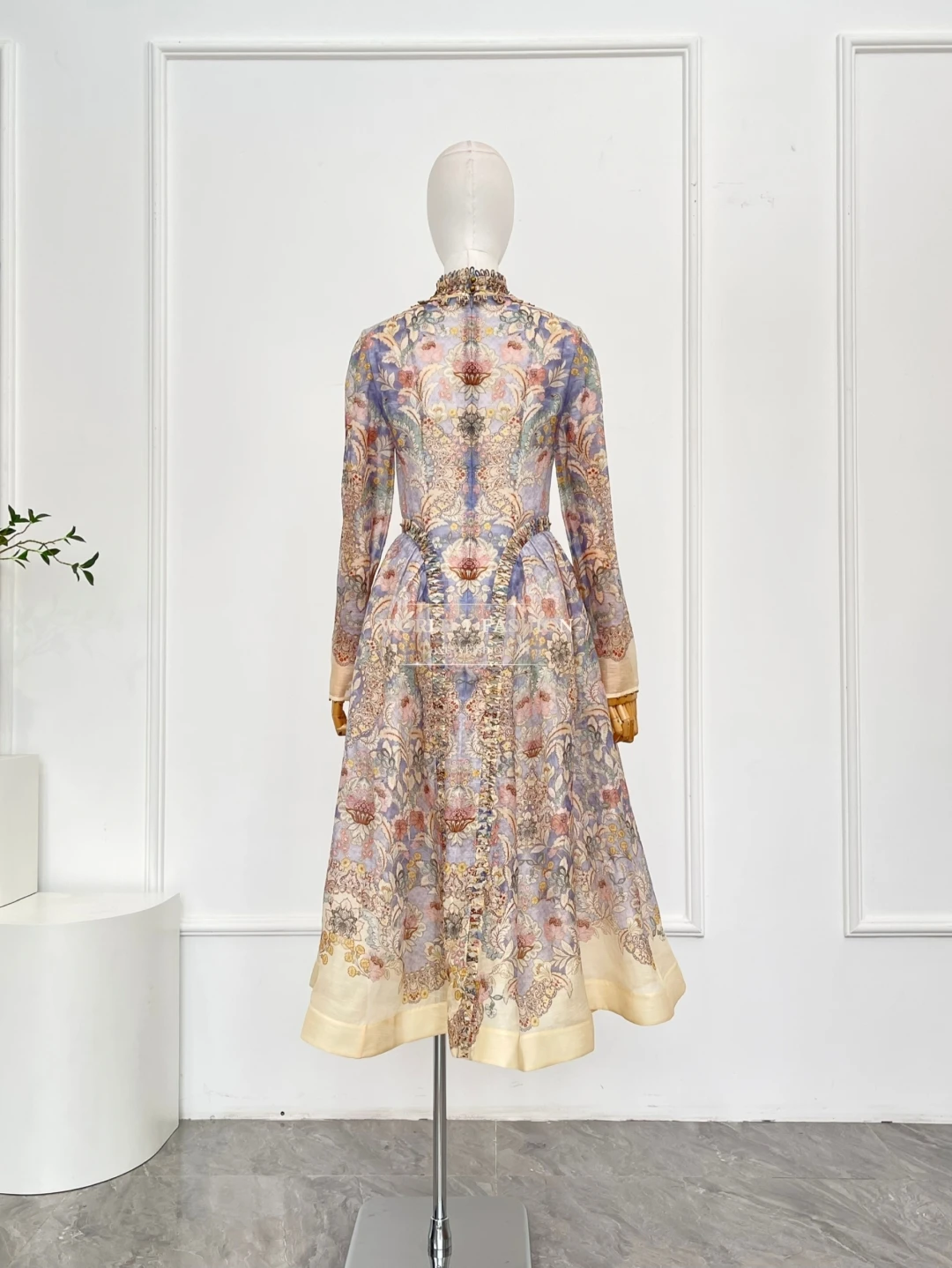 여성 가을 겨울 우아한 보라색 꽃무늬 프린트 긴 소매 스탠드 칼라 비딩 미디 드레스