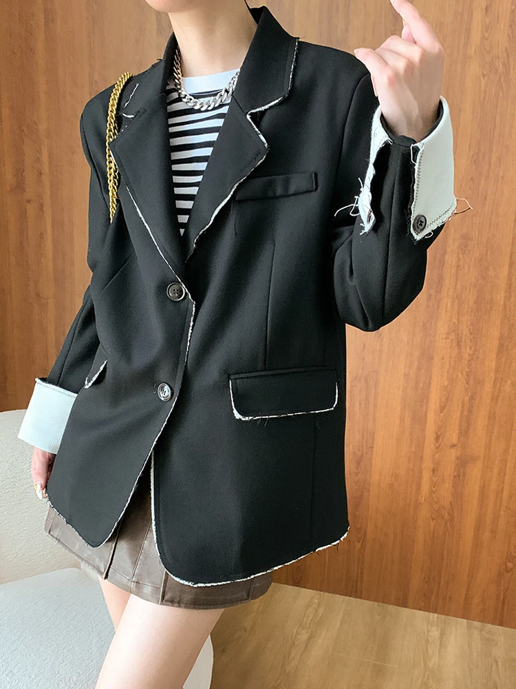 [EAM] Women Black Color-block Burr Big Size Elegant Blazer New Lapel Long Sleeve Jacket Fashion Tide Spring Autumn 2024 1DH6535