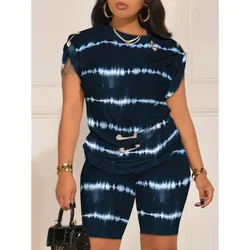 Plus Size Navy Blue Daily Tie Dye Print High Waist Two Pieces Shorts Set