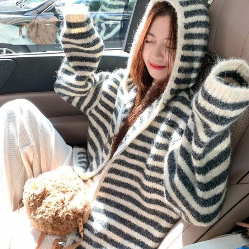 

Корейский стиль: полосатый вязаный кардиган на молнии с капюшоном для женщин, весна-осень, свободный крой, повседневный универсальный топ