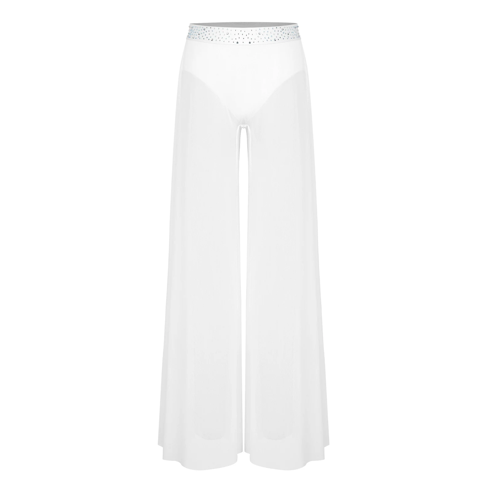 Teens Rhinestone Wide-leg Split Mesh Trousers Figure Skating Dancewear Kids Modern Dancewear Pants Girls Lyrical Dance Costume