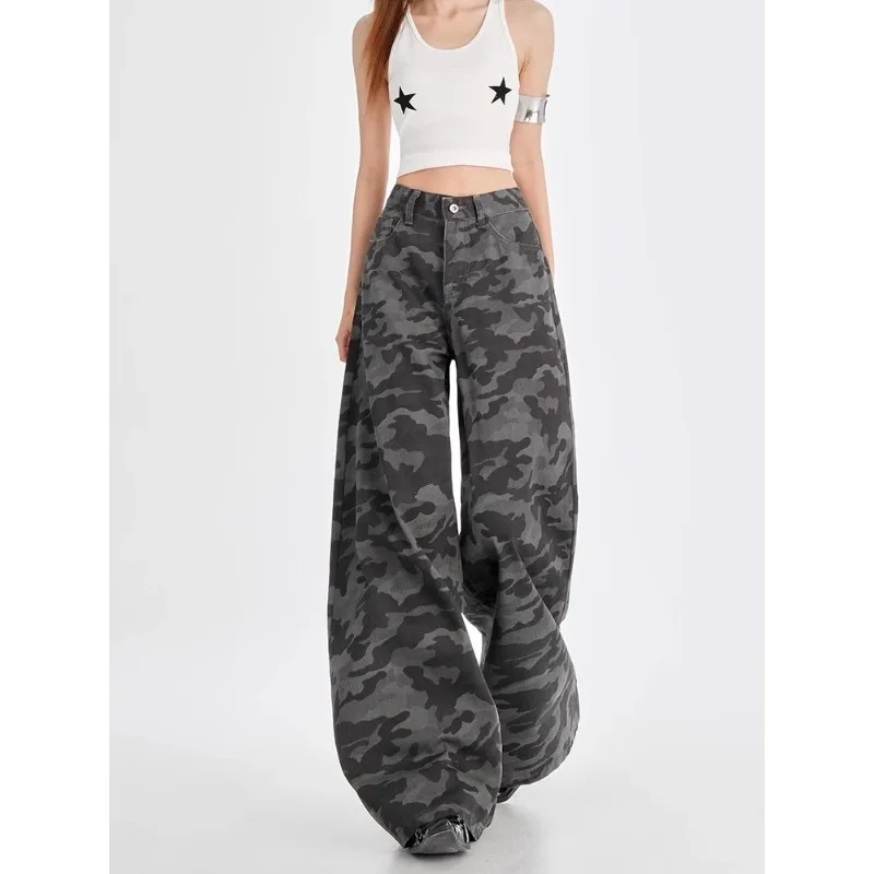 Pantalon à jambes larges imprimé Camouflage Vintage, grande taille, Streetwear Y2K, mode américaine pour femmes, taille haute, assorti avec tout