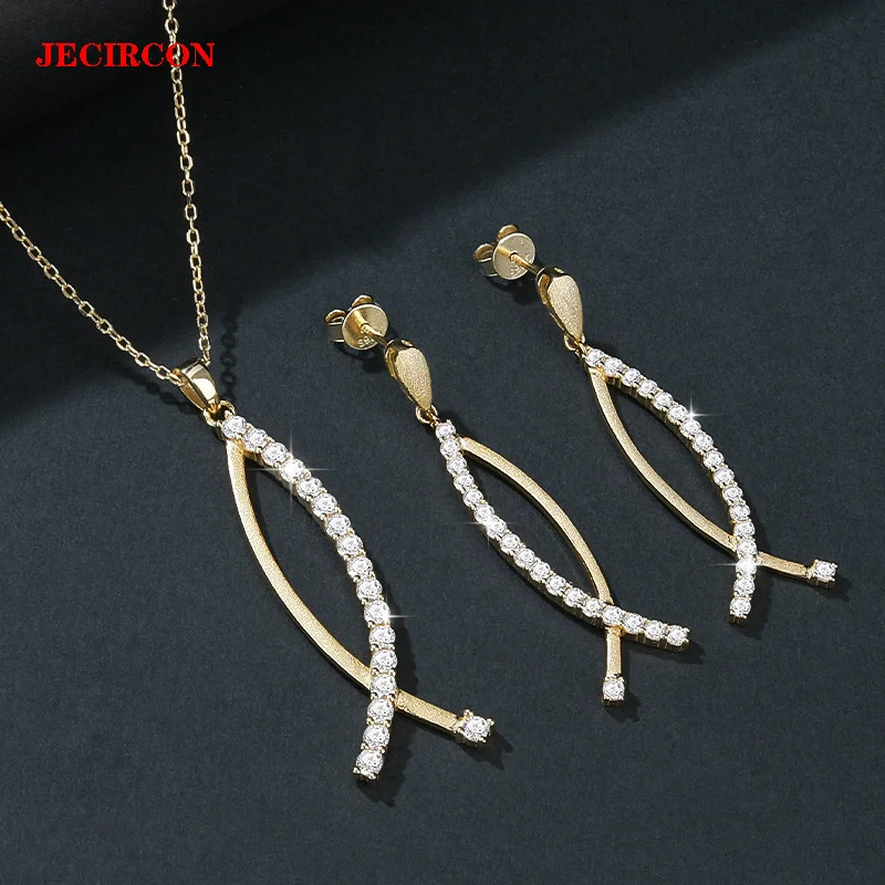 

JECIRCON S925 Sterling Silver Moissanite Fish Jewelry Set for Women, Golden Earrings & Pendant Necklace, Daily Wear Accessories