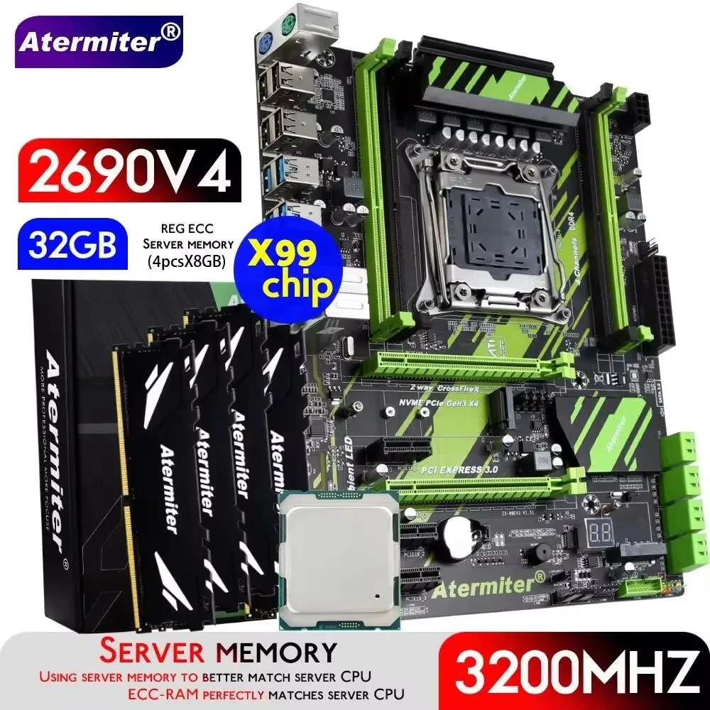 Atermiter X99 Motherboard Set with Xeon E5 2690 V4 LGA2011-3 e5 2690v4 CPU 4pcsX 8GB = 32GB 3200MHz DDR4 REG ECC RAM Memory