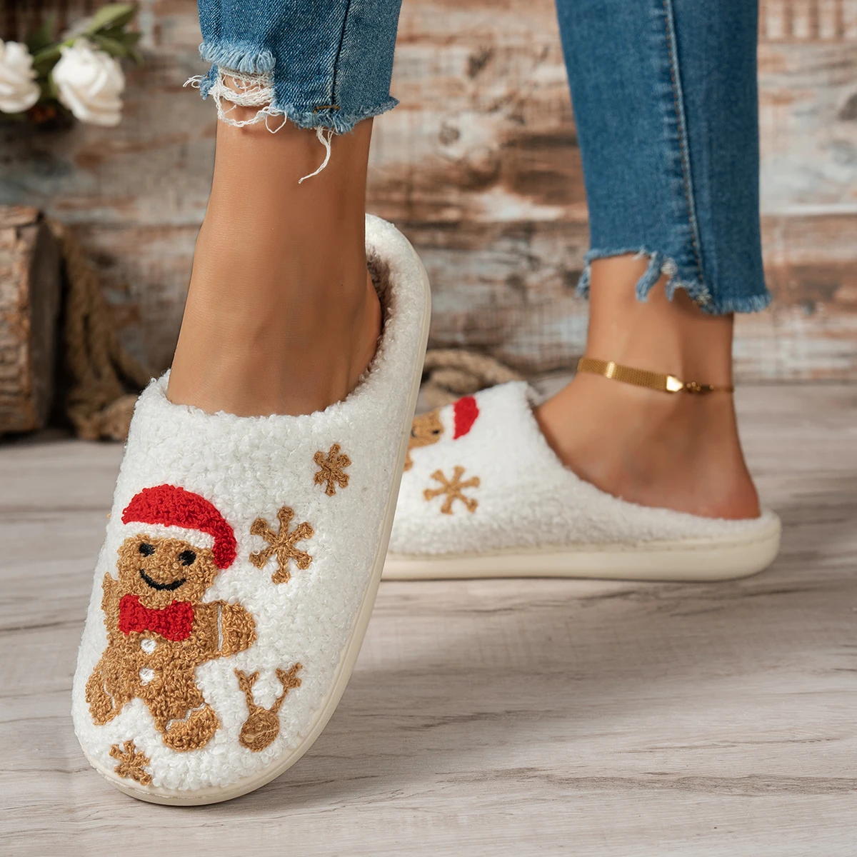 Christmas Winter Indoor Leisure Warm Slippers Embroidery Gingerbread Man Cartoon Pattern Women Comfy Soft Sole Home Fuzzy Shoes