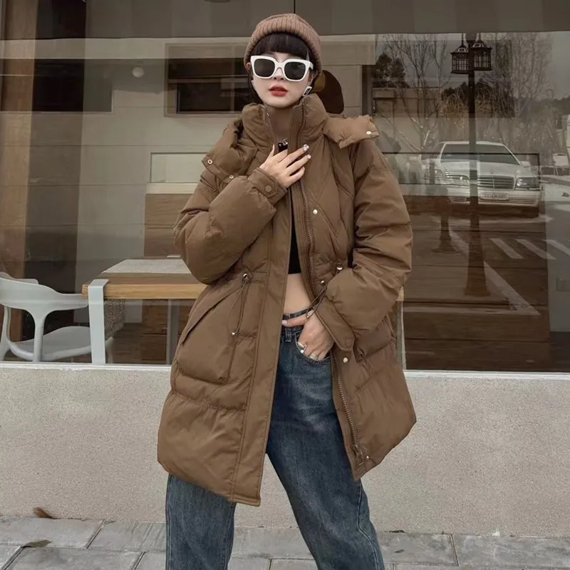 2025 Winter New Korean Style Women Down Jacket Long Thick Warm Waist Hooded Loose Petite Coat