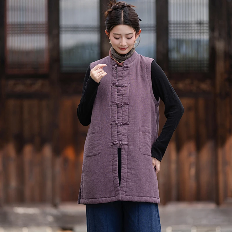 Chinese Zen Style Women Casual Vest Coats New 2026 Autumn Mandarin Collar Solid Color Female Thick Warm Quilted Jackets M3052