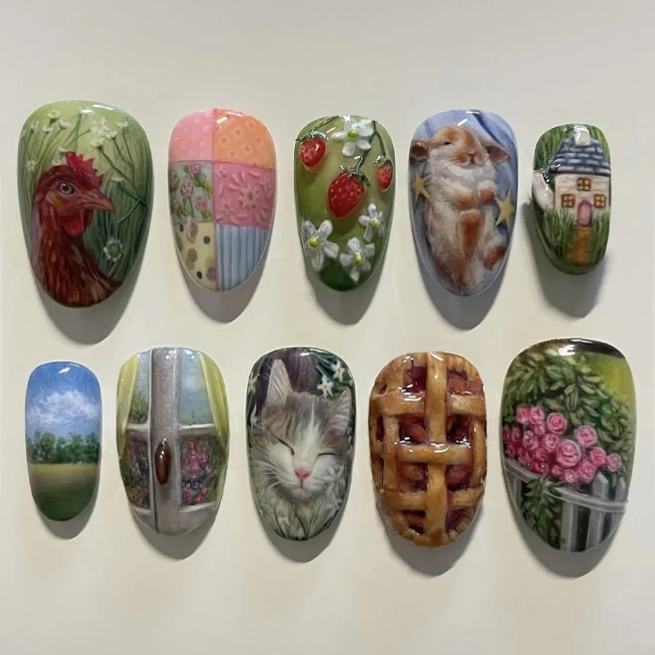 

24PCS Sweet Flower Almond Fake Nails Pastoral Field Animals Retro Patterns False Nails for Women European Wearable Nail Manicure