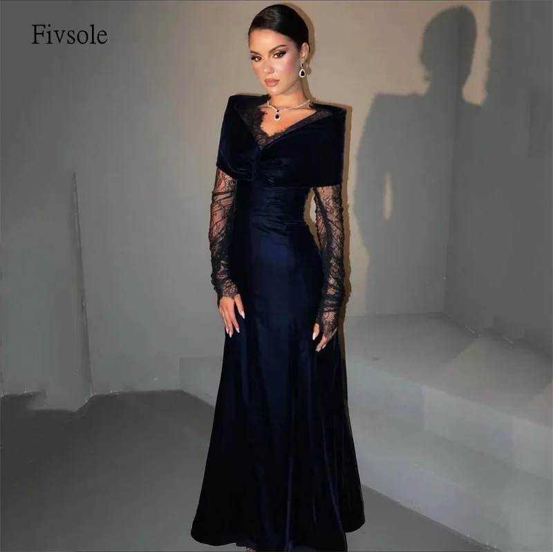 

Fivsole Navy Blue Off The Shoulder Mermaid Prom Gowns Lace Sleeves Party Gown Floor Length Evening Dress Customized