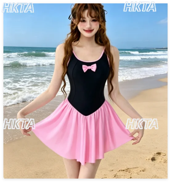 2026 Summer New Retro Peach Pink Ballet Dress Bikini Girl Cute One-piece Conservative Swimsuit Women's Beach Vacation Swimwear