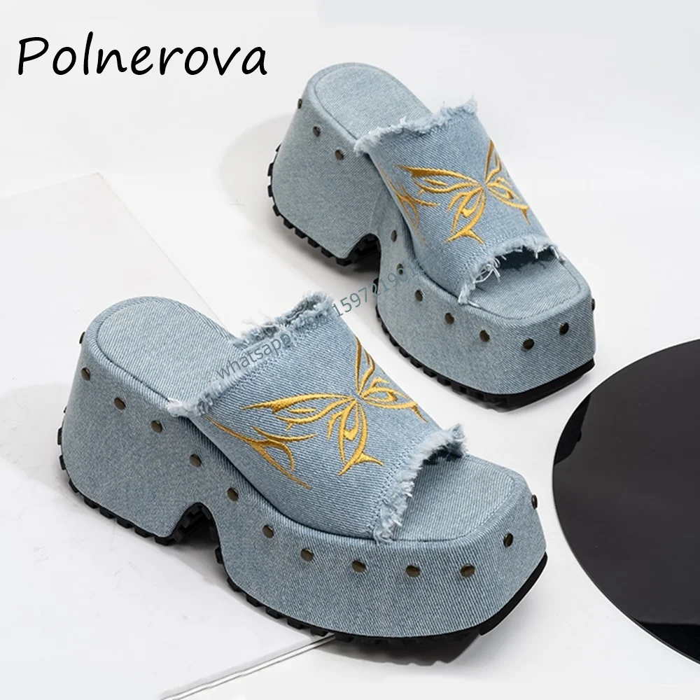 Butterfly Embroider Rivet Sandals Mixed Color Square Toe Thick Soled Slip On Slingback Shoes Platform Cool Outdoor Slippers