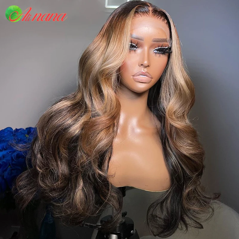 Highlight Wig Gelombang Tubuh Frontal Renda 13X6 Pirang HD 5X5 Wig Penutupan Renda 12A Wig Rambut Manusia Depan Renda Akar Coklat