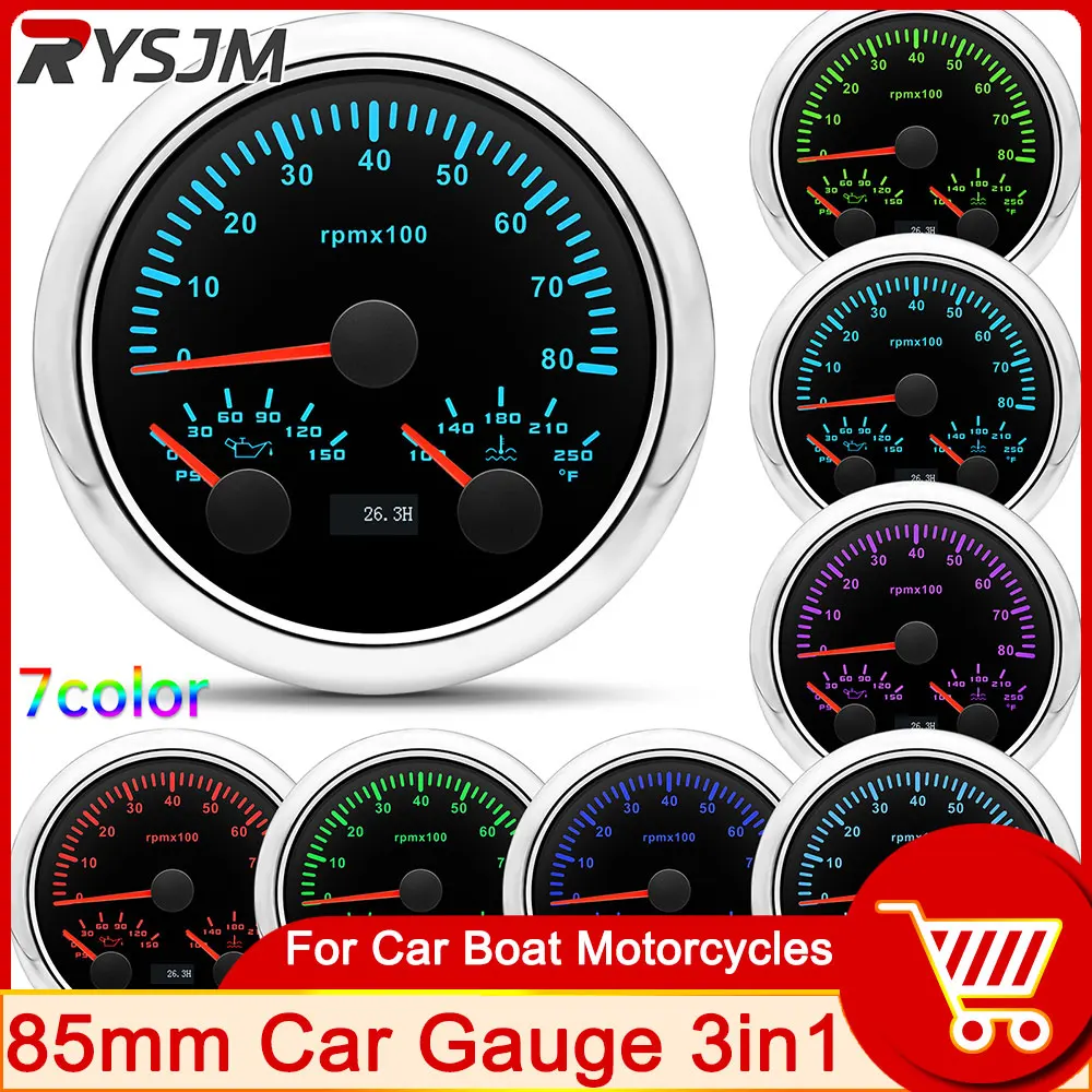 3 in 1 Multi-function 8000RPM Tachometer 85mm Water Temp 250 Fahrenheit Oil Pressure 150 PSI 7 Colors Backlight 9-32V customized