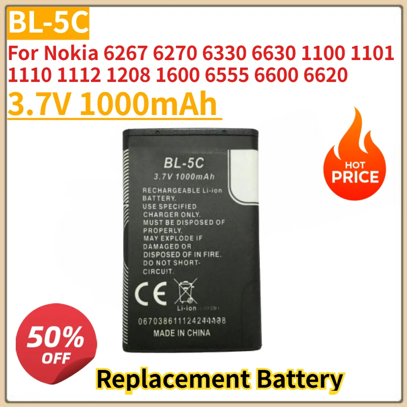 

New BL5C BL-5C Mobile Phone Battery 3.7V 1000mAh For Nokia 6267 6270 6330 6630 1100 1101 1110 1112 1208 1600 6555 6600 6620