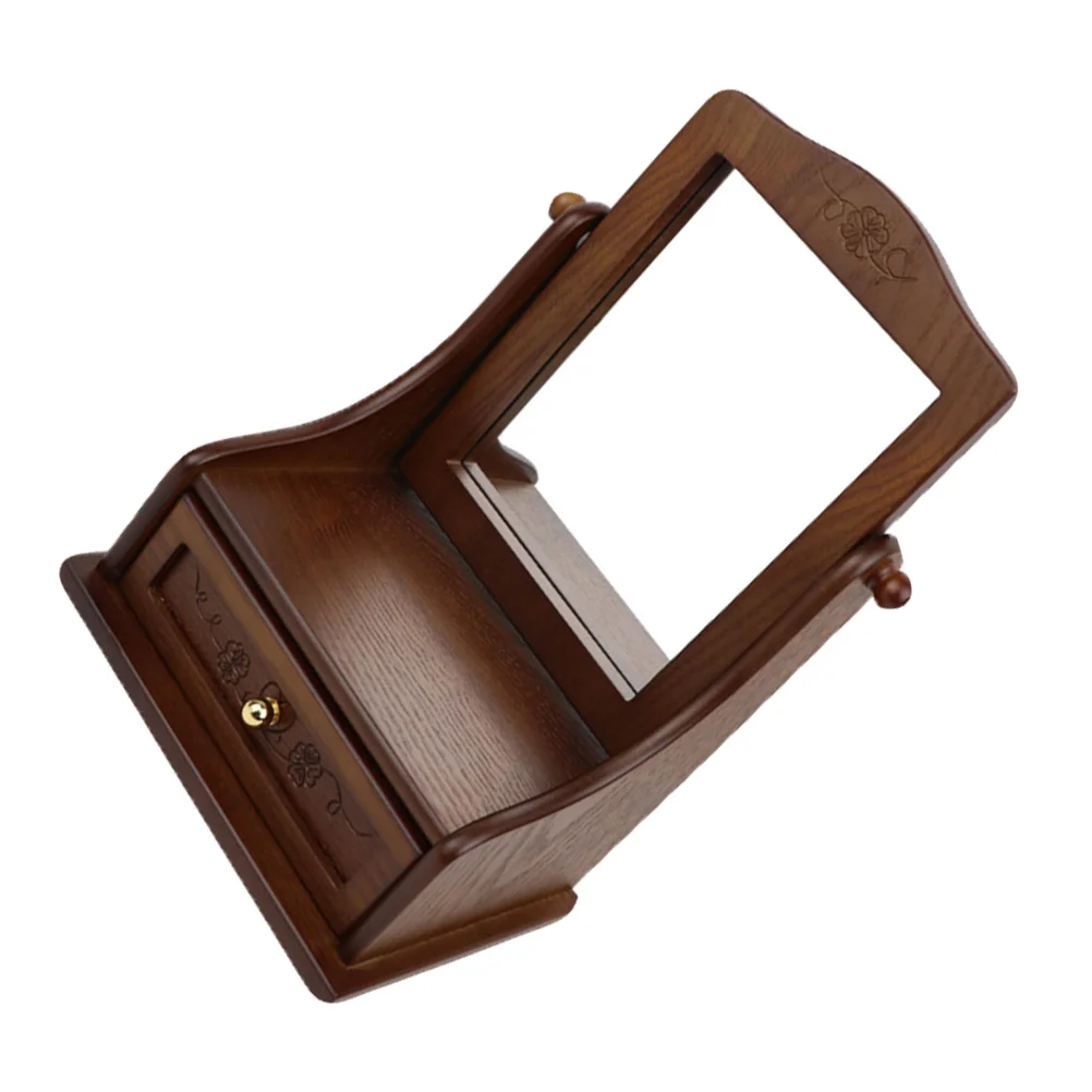 Vintage-Desktop-Kosmetikspiegel, verstellbar, 360 Grad, hohe Klarheit, silbernes Glas, Holzgriff, fein geschnitzt, stehbarer Make-up-Spiegel