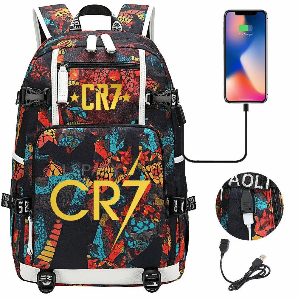 Football Superstar CR7 USB Charging Backpack Ronaldo Schoolbag Travel Notebook Laptop Bags For Teens Students