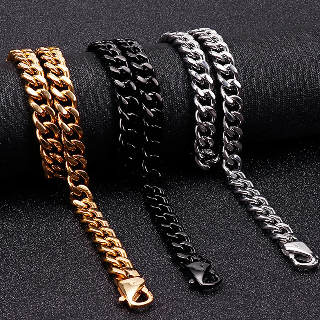 

Boys Men Silver Tone/Gold Tone/Black Tone Stainless Steel Curb Cuban Link Chain Necklace or Bracelet Hip Hop Jewelry 13/15mm