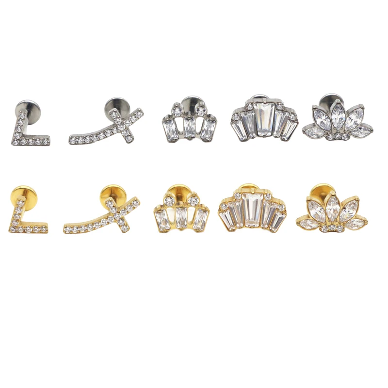 15pcs G23 Titanium Labret Ring Lip Stud Golden Internal Thread Crystal Zircon Ear Tragus Helix Body Piercing Cross Crown 16G Bar