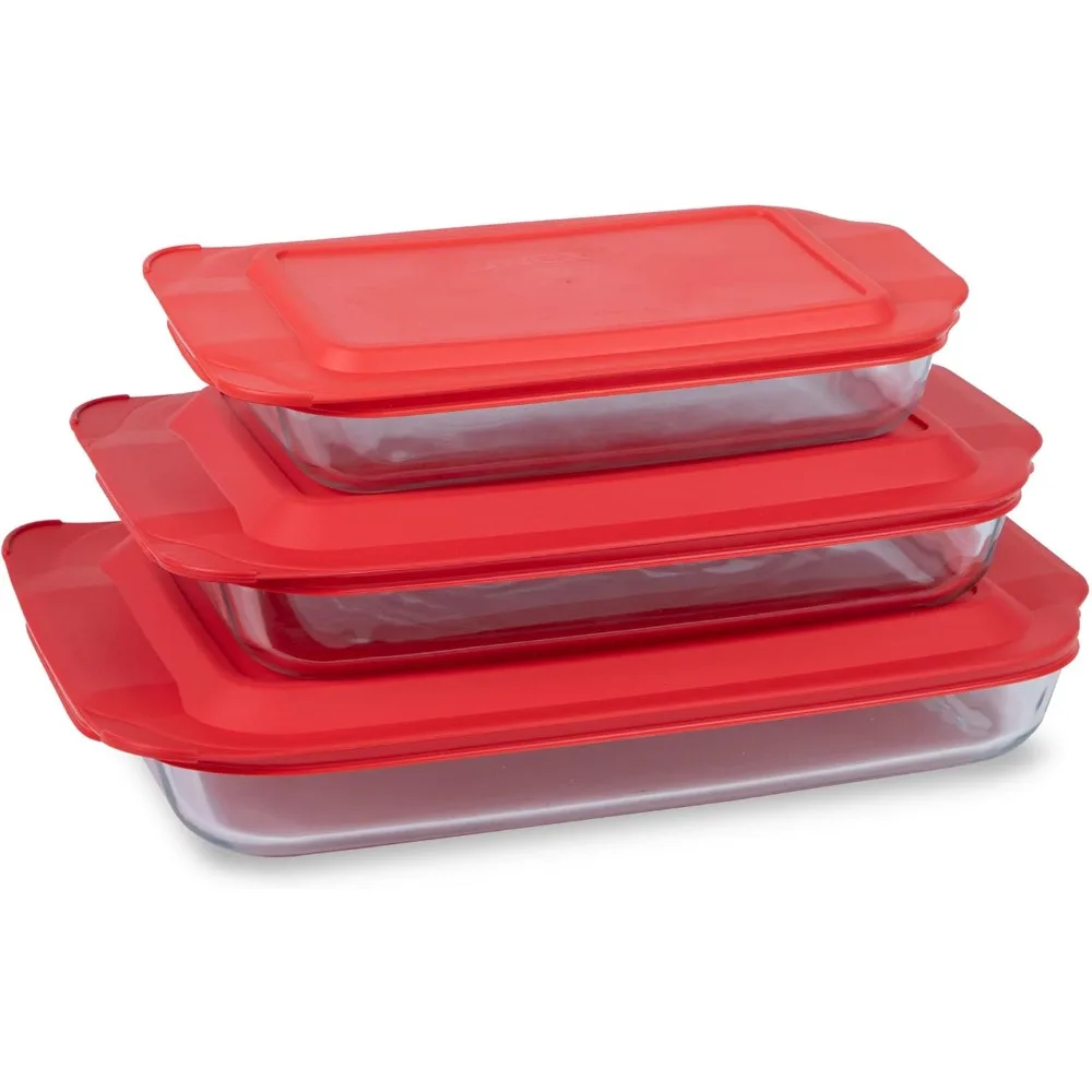 

Pyrex 3-Piece Glass Baking Dish Set - 2 Quart, 3 Quart, and 4.8 Quart with BPA-Free Lids, Rectangular Oven-Safe Glassware, Dishw