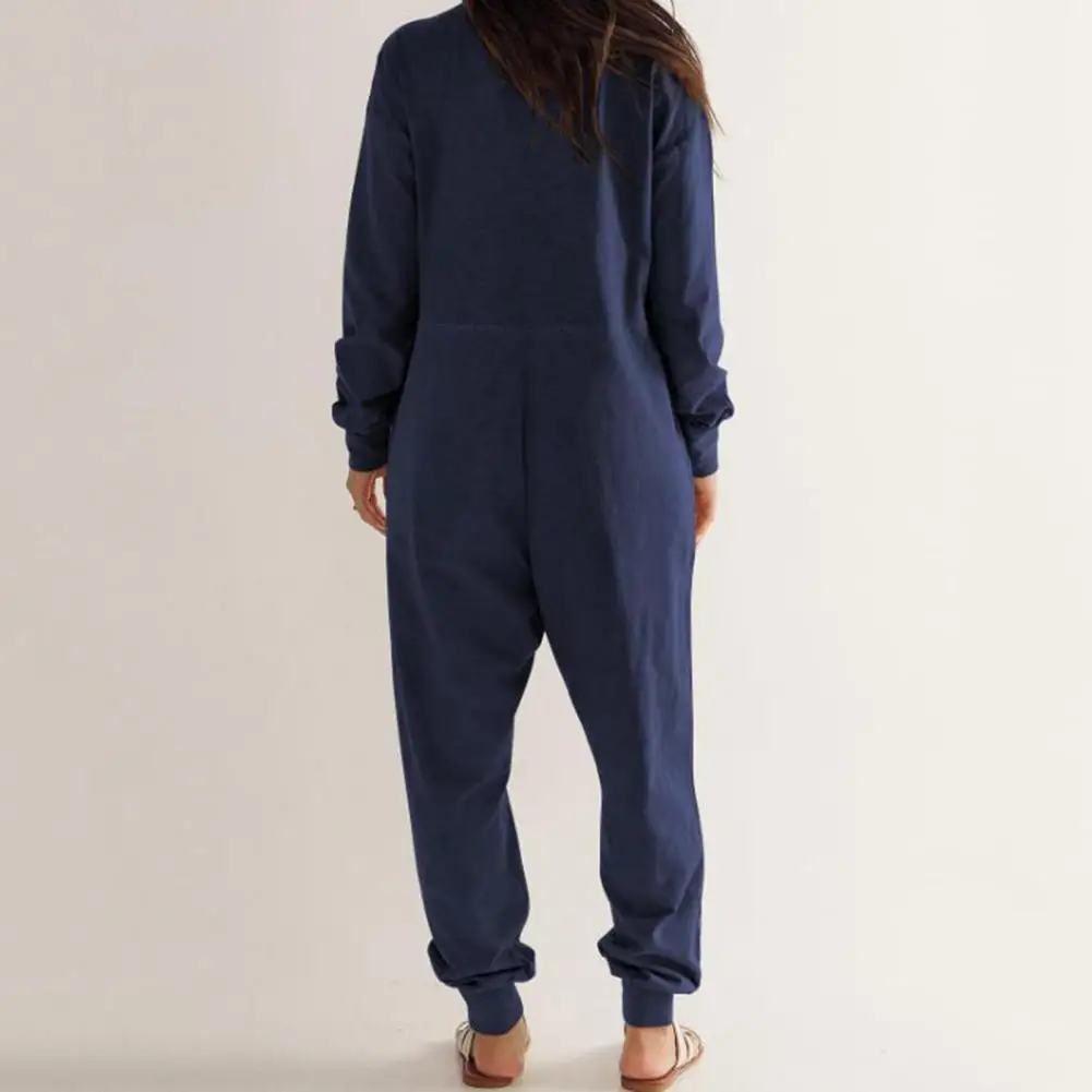 Women Long Sleeve Jumpsuit Cozy V-neck Jumpsuit with Pockets for Women Loose Fit Solid Color Winter Pajama with Crotch Ankle