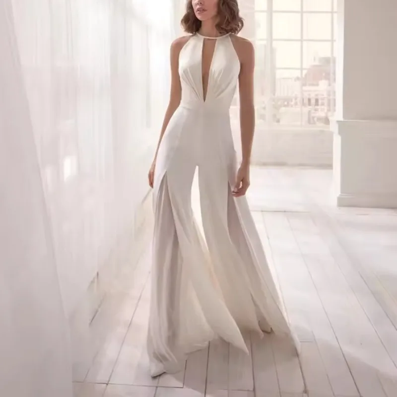 Sexy tiefer V-Ausschnitt, Neckholder, Chiffon-Overall, rückenfrei, hoher Schlitz, elegantes Abendkleid für Damen, insgesamt für Party, Hochzeit