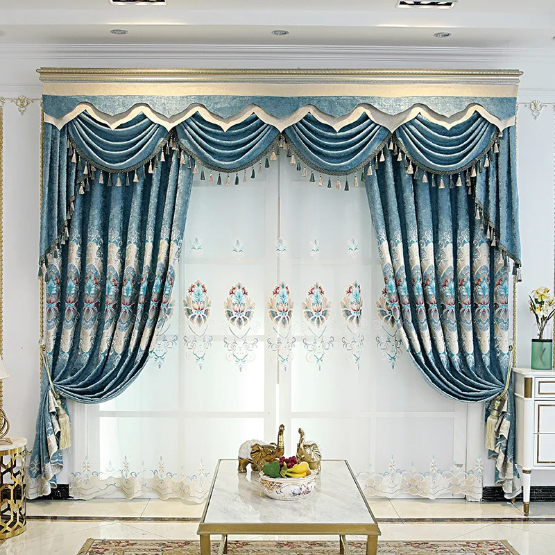 

Custom curtain Thick European Chenille embroidered heat insulation blue cloth blackout curtain tulle valance drape C1418