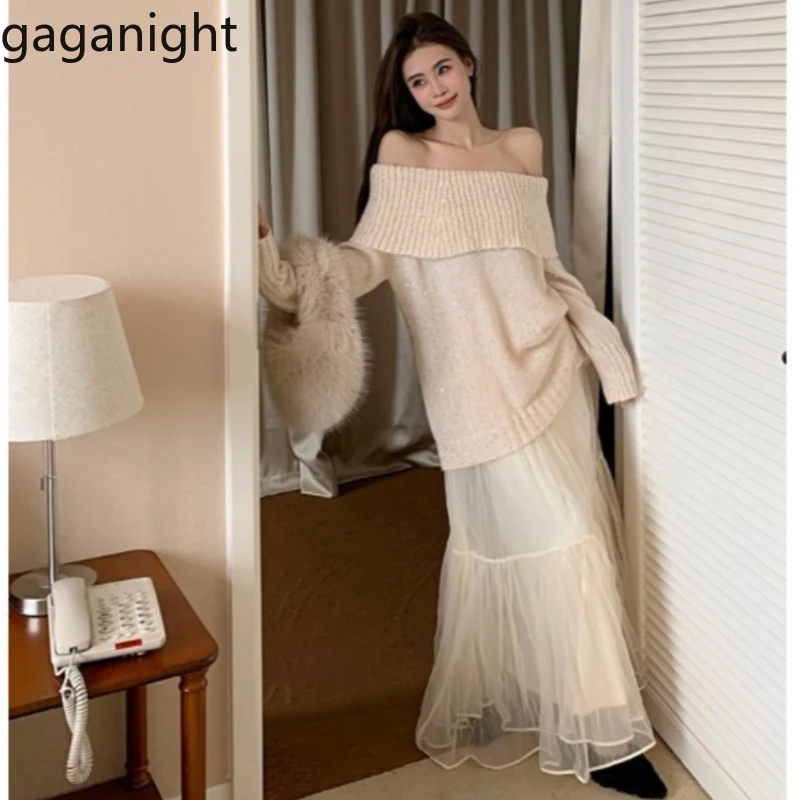 Gaganight Women Gentle Temperament Style Off Shoulder Sweater 2024 Autumn New Long Sleeved Sweater Fairy Mesh Long Skirt Female