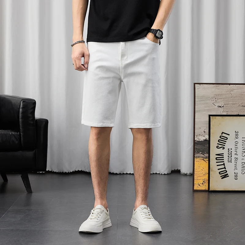 

Men's Summer Popular Solid Color Denim Shorts Slim Fit Straight Elasticity Simple Versatile Daily Comfortable Knee Length Jeans