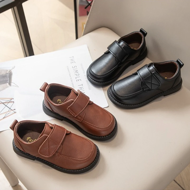 

2025 Fashion Children Leather Shoes New Performance Boys School Uniform Flat Shoes Black Brown Simple Kids Causal Formal Shoes