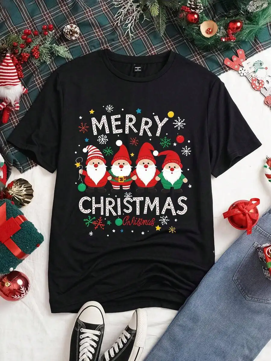 Manfinity Joysei Unisex Merry Pattern Black Slim Fit Short Sleeve T-Shirt, Tee, Suitable For Couple/Family Gathering 100% Cotton
