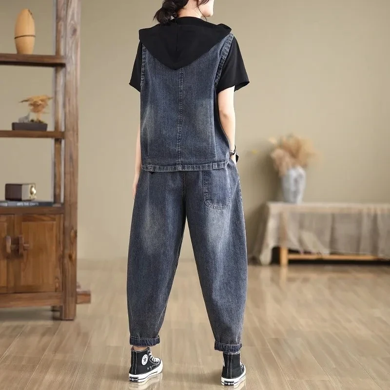 2024 Summer Women Clothes Denim Two-piece Set Fashion Prtted Sleeveless Cowboy Tops+high Waist Harem Pants Female Suit Conjuntos