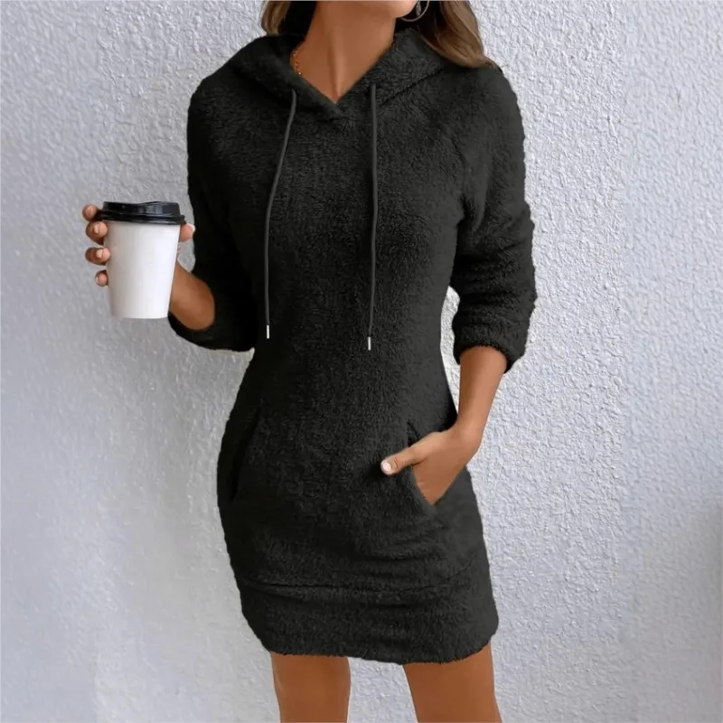 Women Warm Solid Hooded Dress Kangaroo Bag Sweatshirt Long Sleeve Versatile Mini Dress Vestidos De Fiesta Elegant New Winter