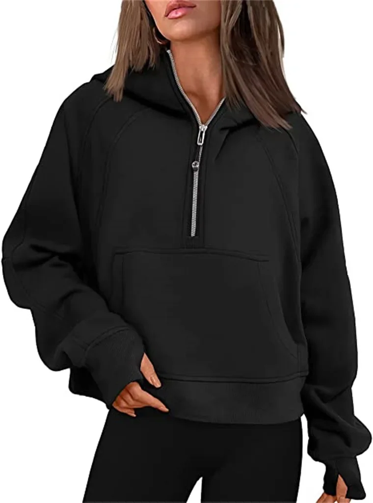 Autumn/Winter Stand Collar Women's Yoga Jacket Half-Zip Hooded Sweatshirt Loose Fit Cropped Fleece-Lined Hooded Top for Sports