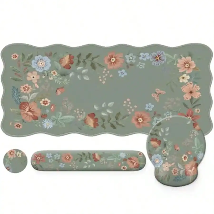 

iLeadon Mouse Pad Set and Keyboard Wrist Rest Non-Slip Desk Pad Mat for Keyboard and Mouse Floral Scalloped Desk Mat Cute Com