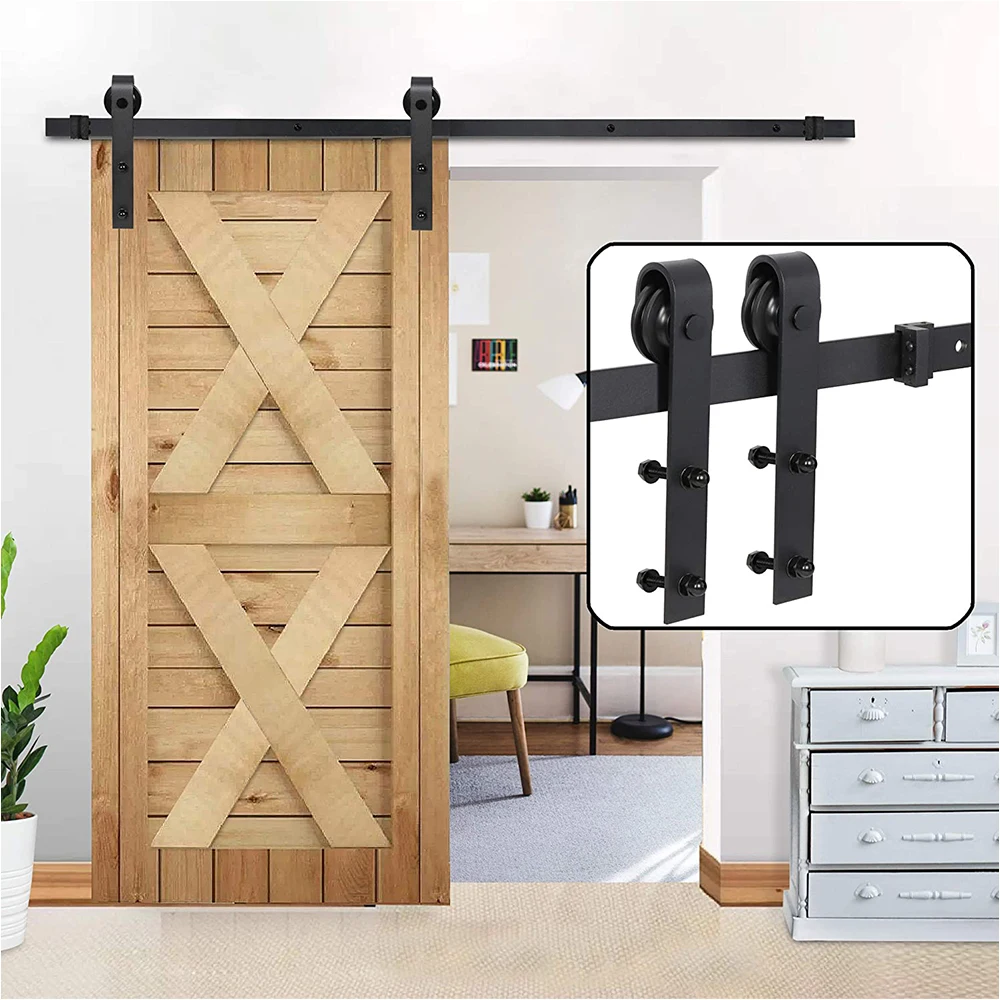 

6FT (183CM) Sliding Barn Door Hardware Kit J-Shaped Classic Mount Barn Door Rail System Track Rollers Matching Hardware Black