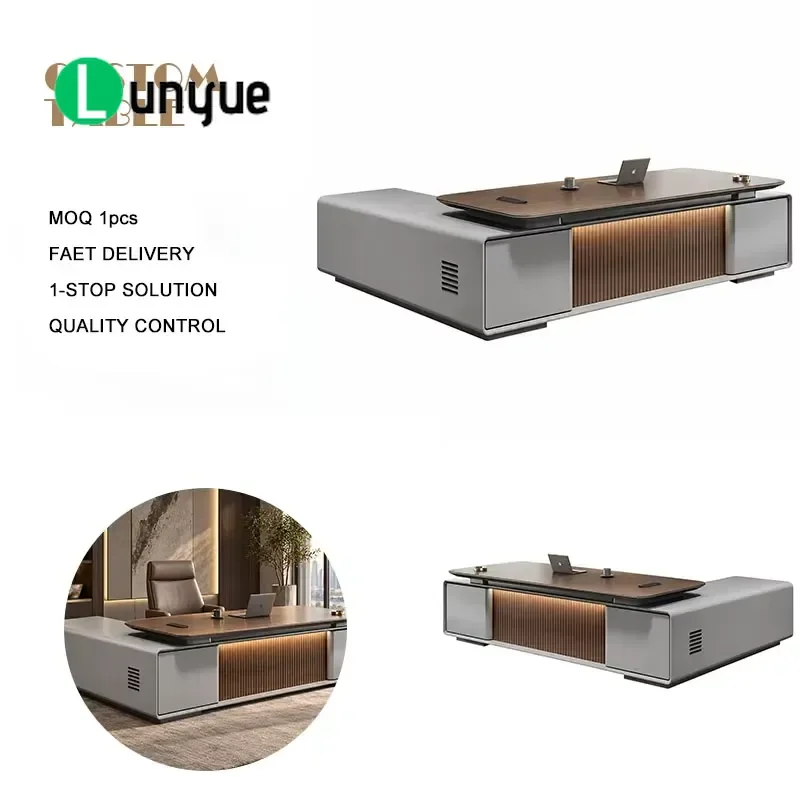 Luxury Administrative Desk Embossed Wood Grain Desktop Gray Side Cabinet Luminous Front Panel Modern Executive Office