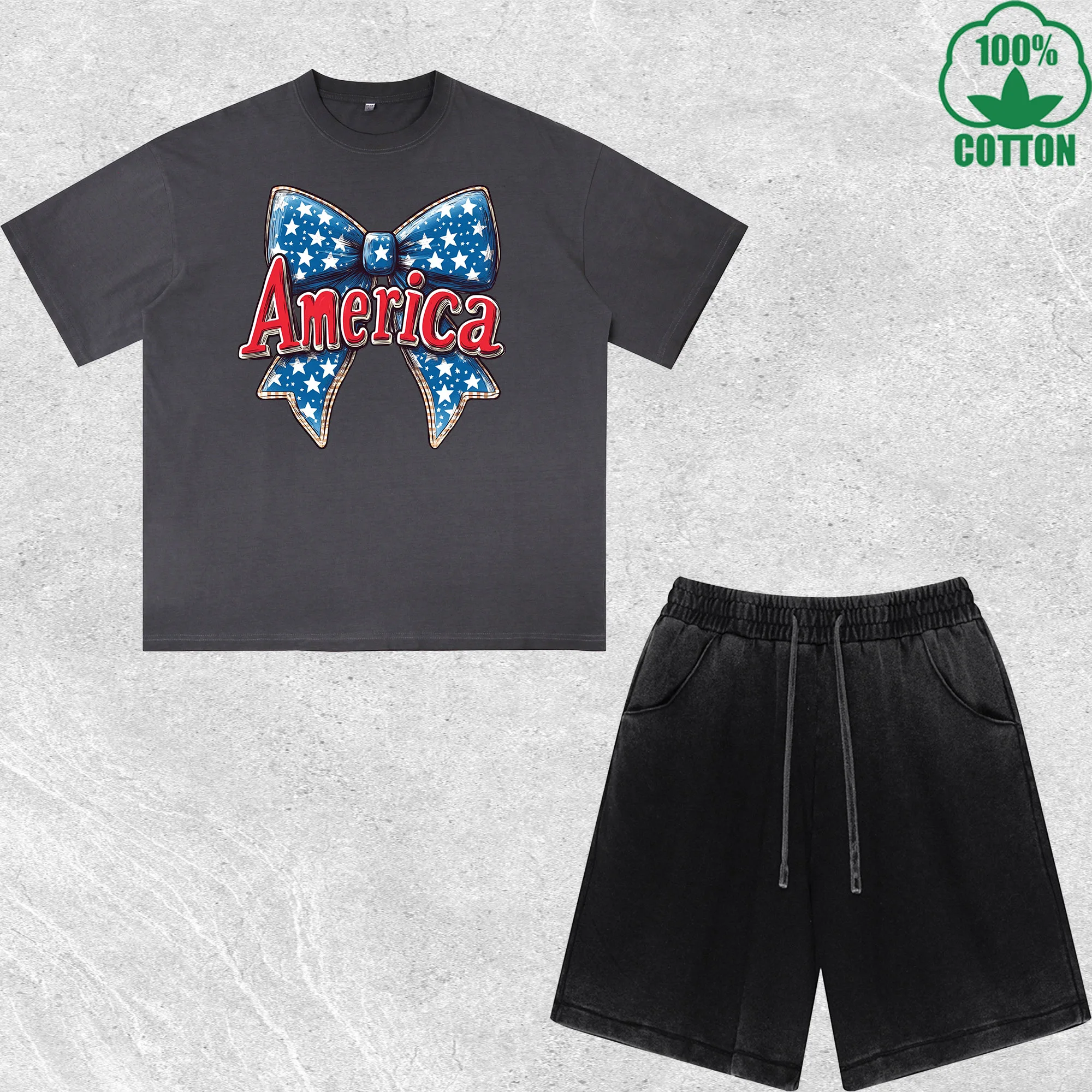

America Printed Dirty Wash T-Shirt Shorts Set Multicolor Combo Loose Trendy 100%Cotton