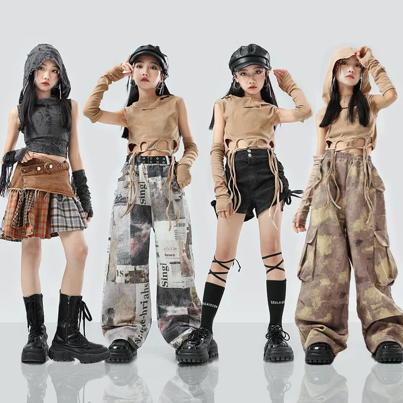 Kid Wasteland Hip Hop Clothing Brown Hoodie Crop Tank Camouflage Print Cargo Pants Shorts for Girls Jazz Dance Costumes Clothes