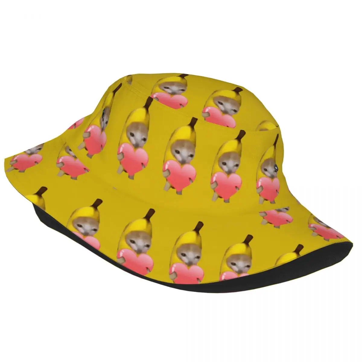 Harajuku Banana Cat Love Heart Bucket Hat For Unisex Foldable Kawaii Bob Hat Spring Headwear