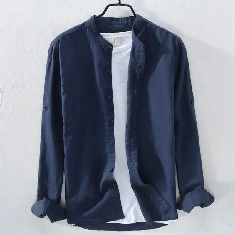 

Men's Linen Long Sleeve Stand Collar Shirt Cotton Linen Material Outerwear Casual Style Citywalk Thin Model Standard Fit