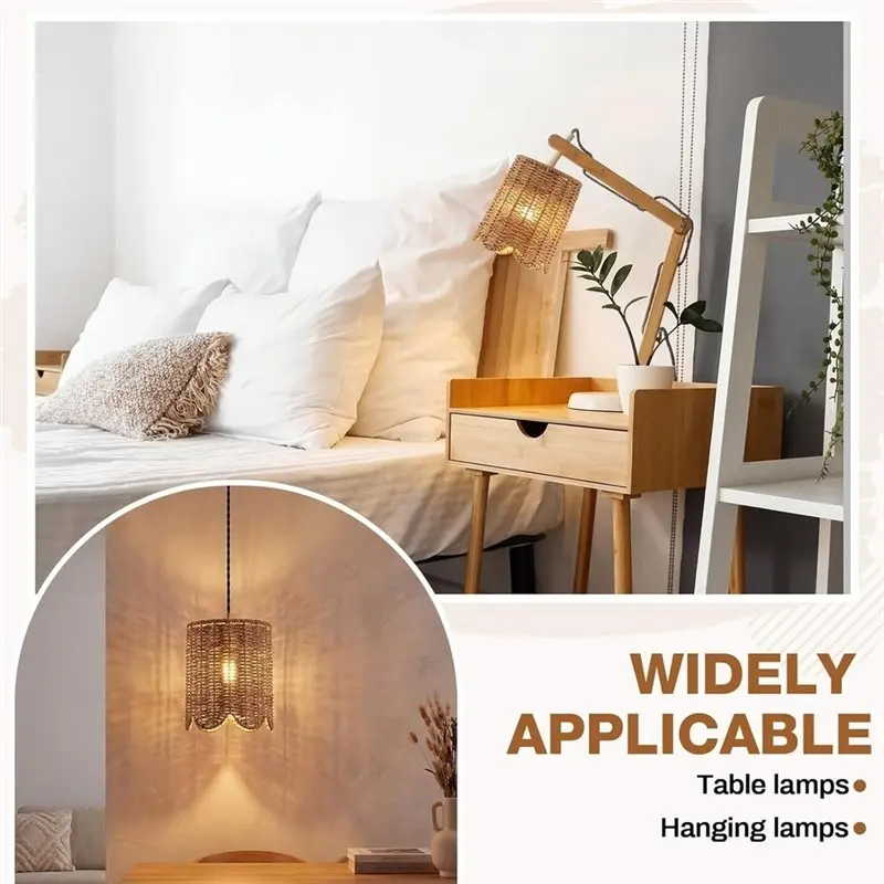 Hot Sale-2 Pcs Rattan Lamp Shade,With E14 Adapter Ring Drum Lamp Shade E26 E27 Lampshade Light Cover Chandelier Floor