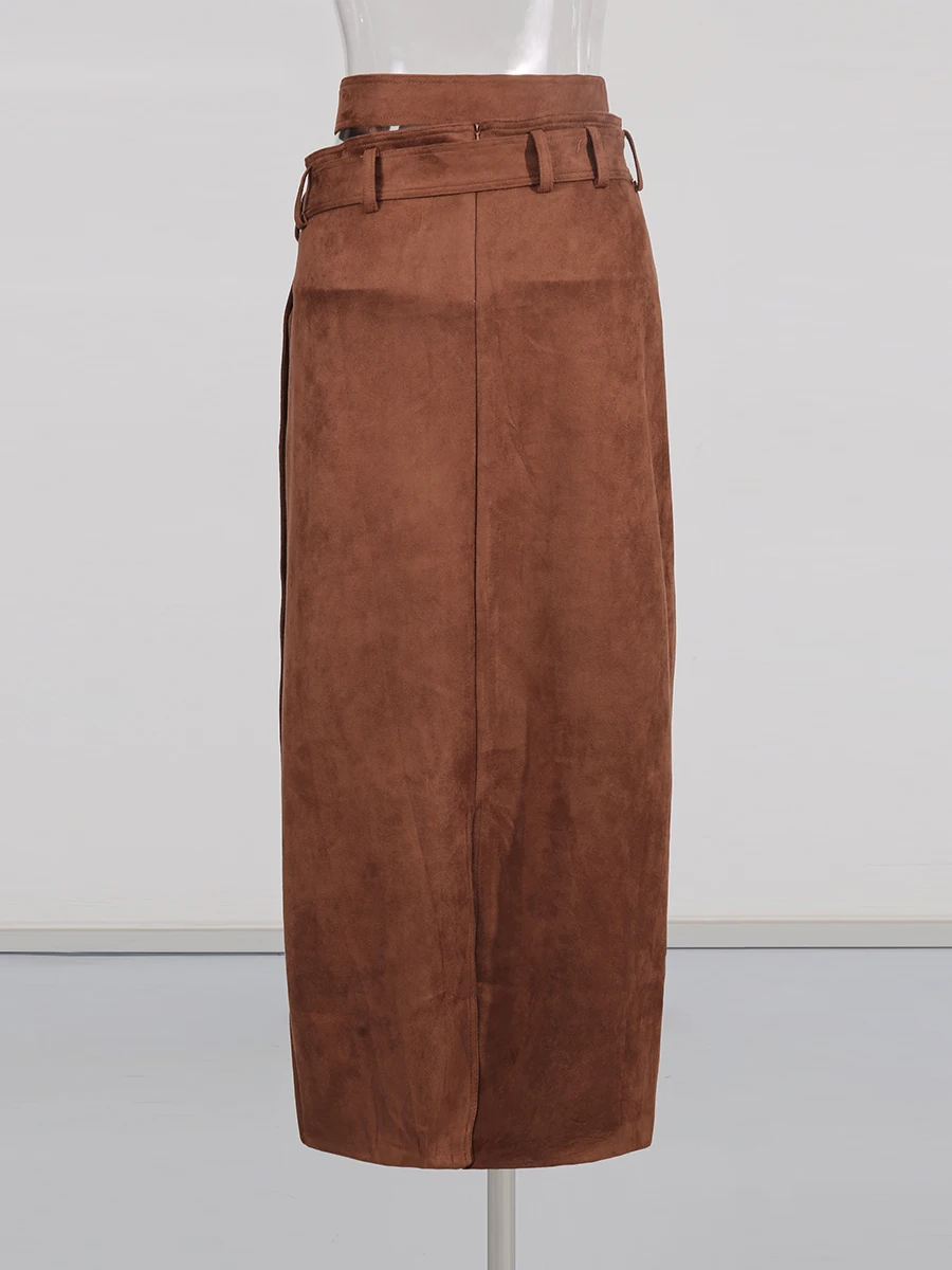 CHICEVER marron épissé ceintures Chic jupe femme taille haute ample fille chaude Streetwear femmes jupes longues automne Style mode