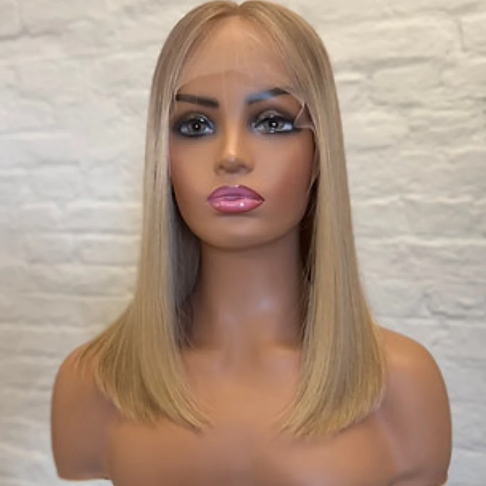 13x4 Short Bob Highlight Wig Synthetic Human Hair Blend HD Lace Frontal Wig Ash Rooted Blonde Straight Lace Front Wigs For Wome