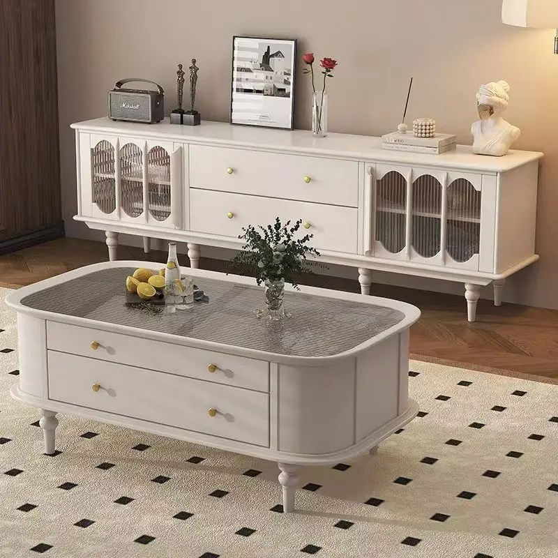 خزانة تلفزيون حديثة من الخشب الصلب، غرفة معيشة بسيطة فاخرة أمريكية خفيفة مع طاولة قهوة #1