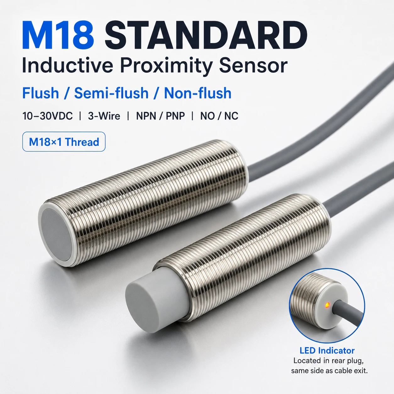 M18 Inductive Proximity Sensor 10-30V DC 3-Wire NPN PNP NO NC Flush Semi-Flush Non-Flush 5-23mm Detection Distance