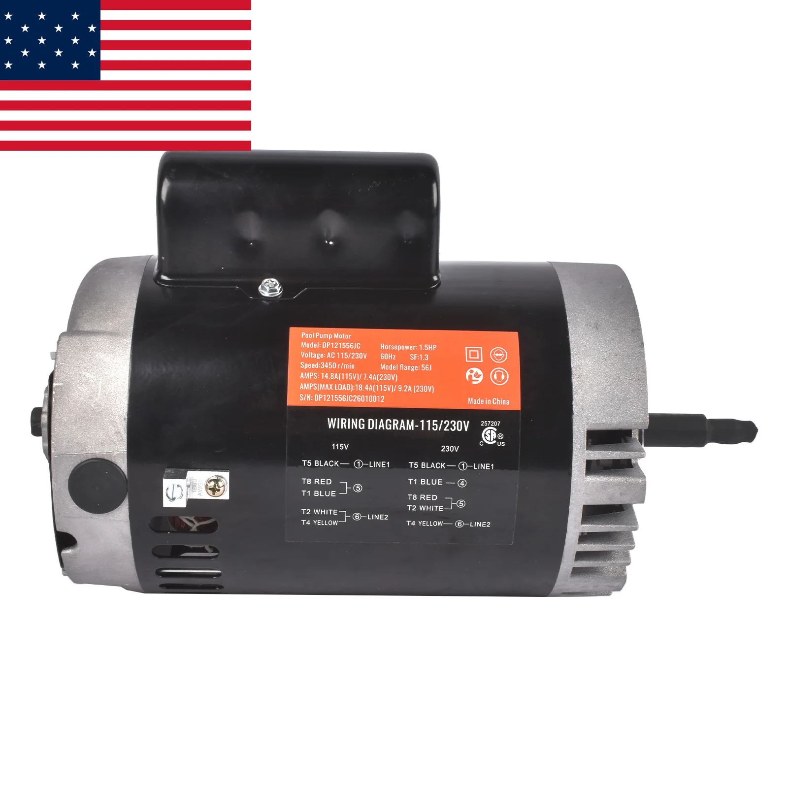 

AP03 B129 Swimming Pool Pump Motor, 1-1/2 HP, 3450 RPM, 1 Speed, 230/115 Volts, 9.2/18.4 Amps, 1.3 Service Factor, 56J Frame, C-Face Pool Motor